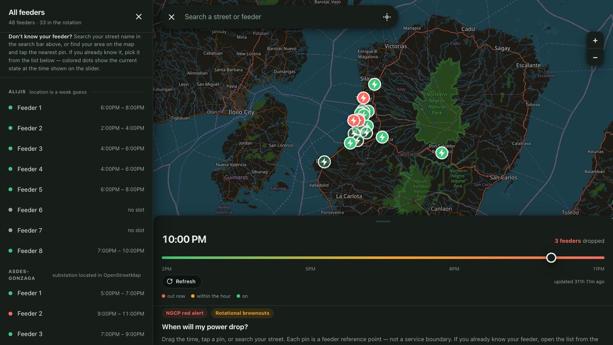 Bacolod Outage Map with feeder zones and a time scrubber