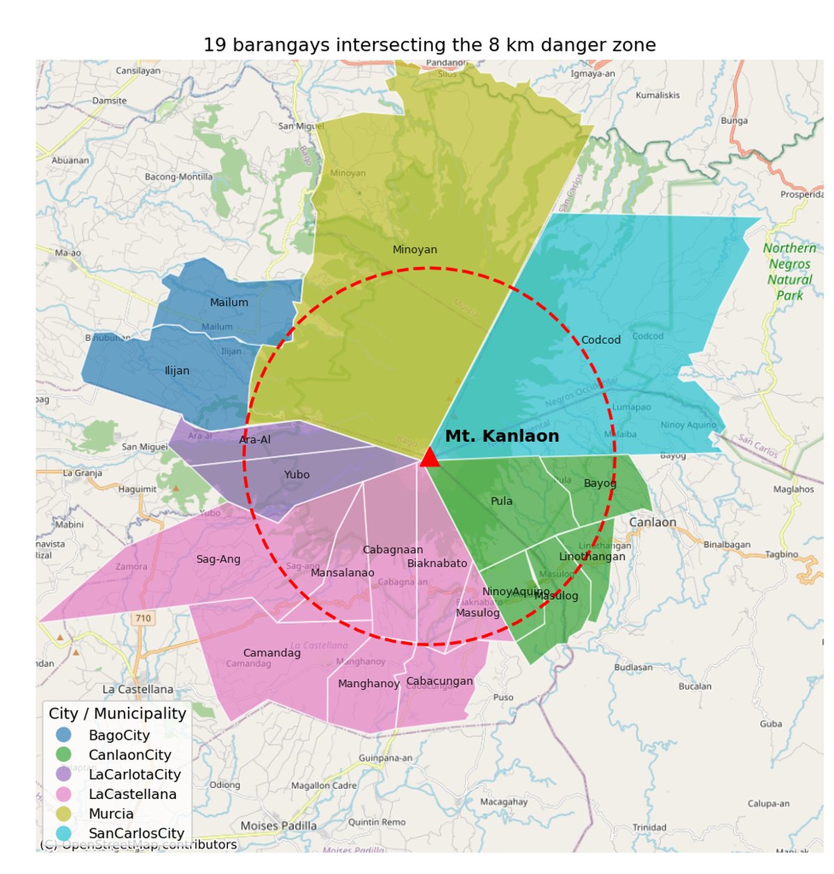Barangays of Negros Island intersecting the 8 km Mt. Kanlaon danger zone