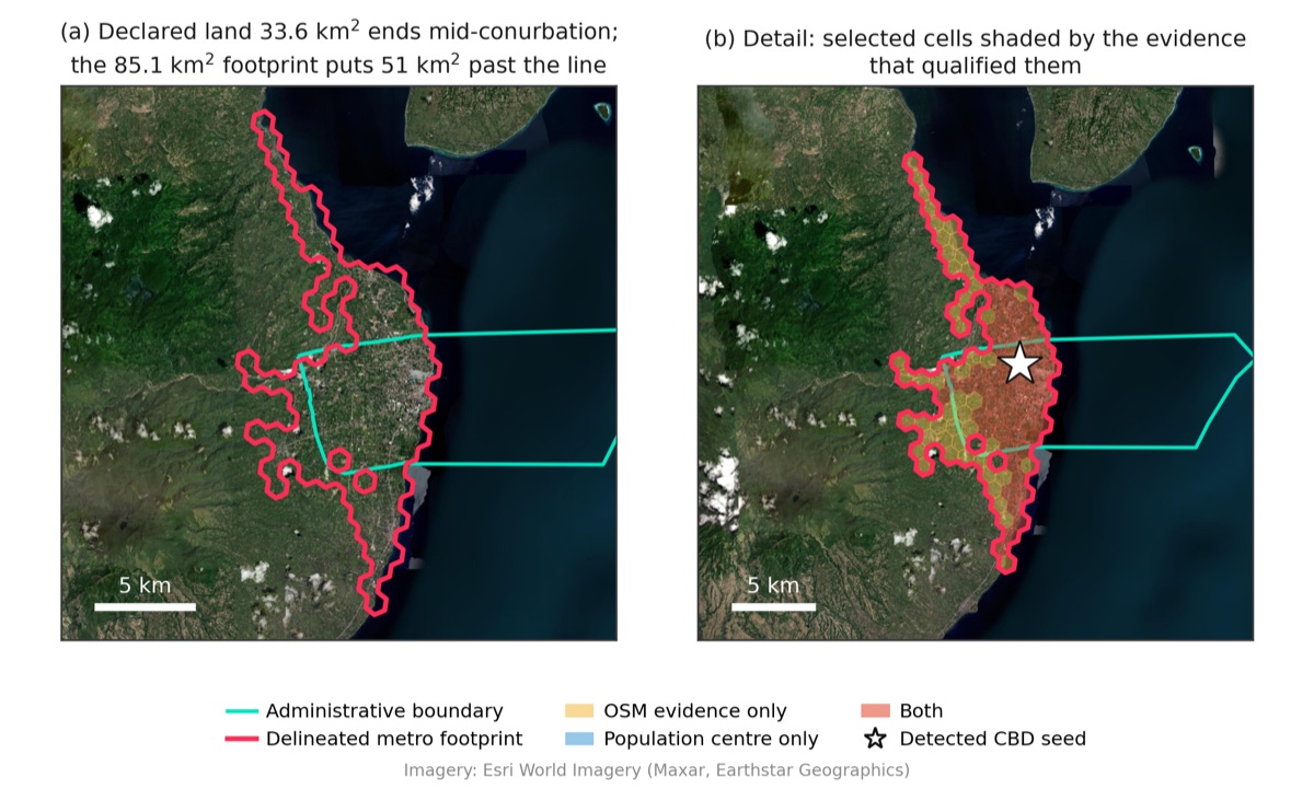 Delineated metro footprint of Dumaguete City over satellite imagery