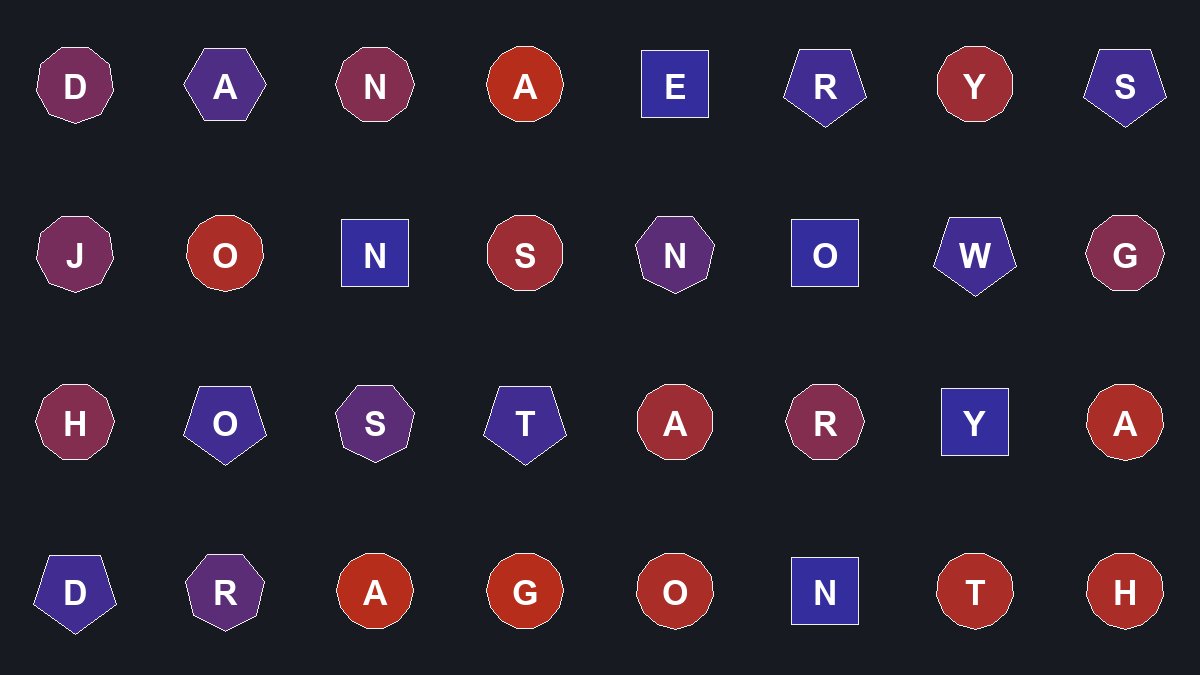 Grid of regular N-gon letter tiles, colored by number of sides